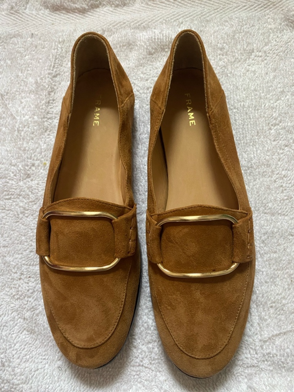 Frame Denim Suede Loafers in Chestnut with Gold Buckle